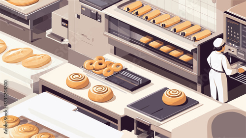 Isometric illustration depicting an automated bakery production line. The image shows various stages of bread and pastry production, including conveyor belts moving baked goods, ovens, and a worker