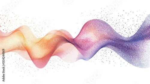 The image depicts an abstract rendering of a wave-like form.  The wave is rendered in a blend of warm and cool colors, transitioning smoothly from oranges and yellows to pinks and purples. The wave