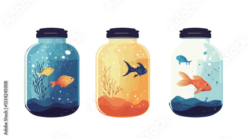The image depicts three glass jars, each containing a stylized underwater scene with fish. The jars are cylindrical with dark lids. The first jar features a cool-toned scene with blue and teal