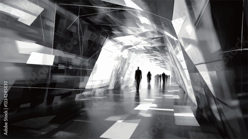 The image is a monochrome photograph depicting an abstract architectural space.  The composition shows a long corridor or hallway with sharp, angular geometric forms creating a tunnel-like effect.