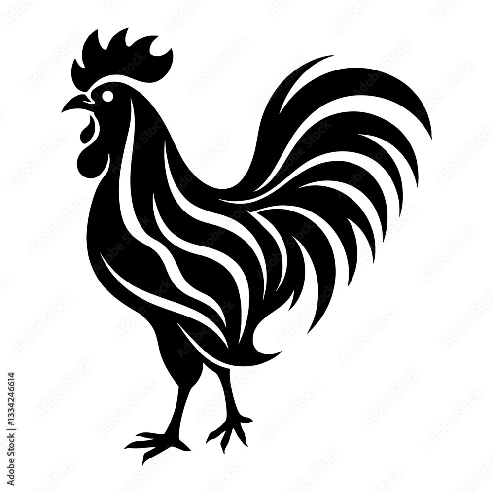 Elegant Full Body Rooster Silhouette Logo Black and White Outline Line Art Drawing Illustration Elegant Full Body Rooster Silhouette Logo Black and White Outline Line Art Drawing Illustration