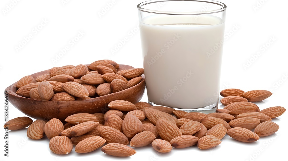 Almonds in a bowl and a glass of fresh almond milk on a white background, healthy and natural food concept Almonds in a bowl and a glass of fresh almond milk on a white background, healthy and natural food concept
