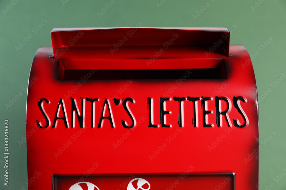 Santa Claus mail box on dark green background, closeup. Christmas tradition Santa Claus mail box on dark green background, closeup. Christmas tradition