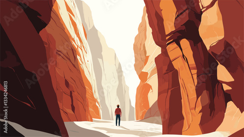 Digital illustration depicting a solitary human figure standing in a narrow canyon. The canyon walls are tall and predominantly red and orange, rendered with a stylized painterly technique.  The