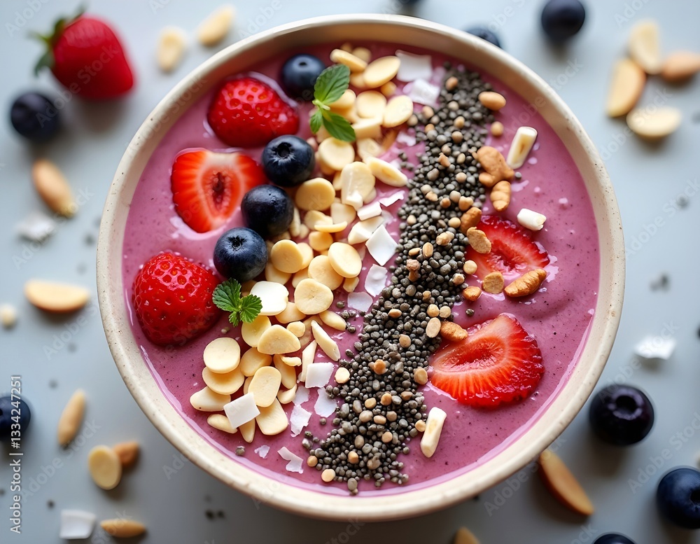 A bowl of vibrant organic smoothie topped with nuts and berries. A bowl of vibrant organic smoothie topped with nuts and berries.