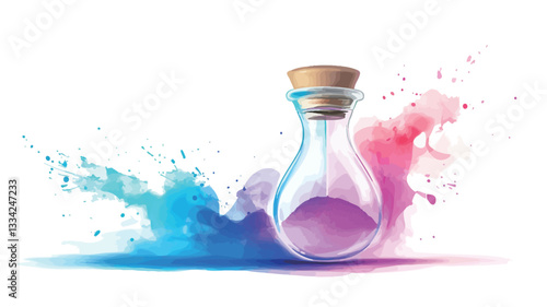 A digital illustration depicting a clear glass bottle with a cork stopper containing pink powder.  The bottle is surrounded by dynamic splashes of blue and purple paint or ink, creating a vibrant