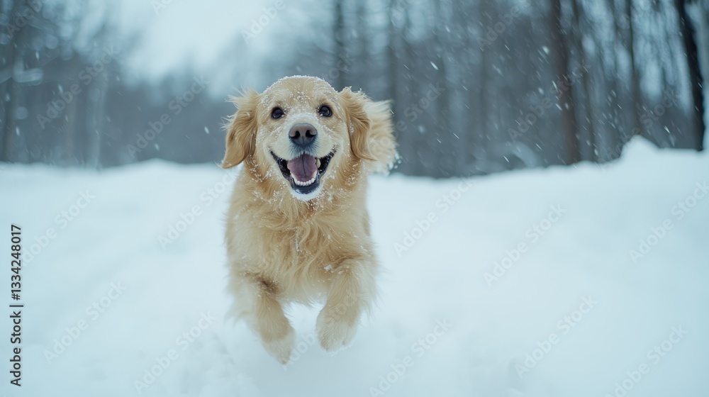 Joyful Golden Retriever Running in Snowy Winter Wonderland Joyful Golden Retriever Running in Snowy Winter Wonderland