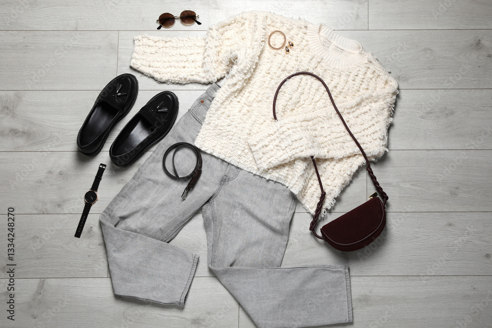 Fototapeta premium Stylish women's clothes and different accessories on light grey wooden table, flat lay