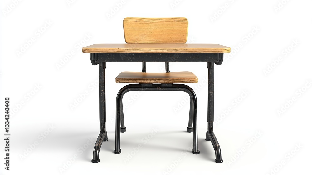 A 3D-rendered school desk and chair made of iron and light wood, fully isolated on a white background, representing classroom furniture A 3D-rendered school desk and chair made of iron and light wood, fully isolated on a white background, representing classroom furniture