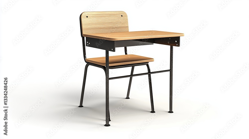 A 3D-rendered school desk and chair made of iron and light wood, fully isolated on a white background, representing classroom furniture A 3D-rendered school desk and chair made of iron and light wood, fully isolated on a white background, representing classroom furniture