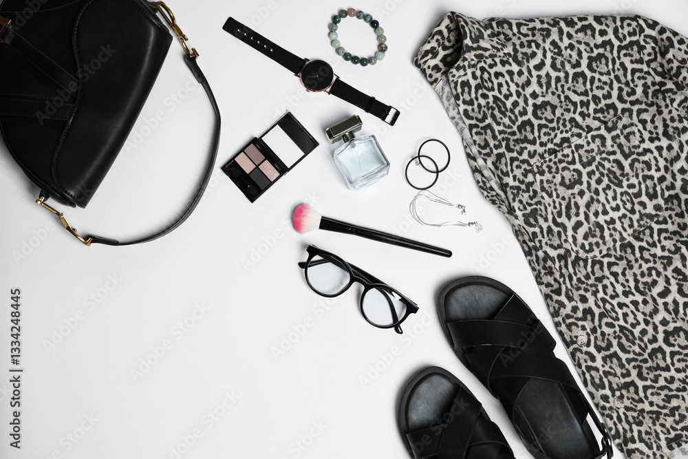 Fototapeta premium Stylish women's clothes and different accessories on white background, flat lay. Space for text