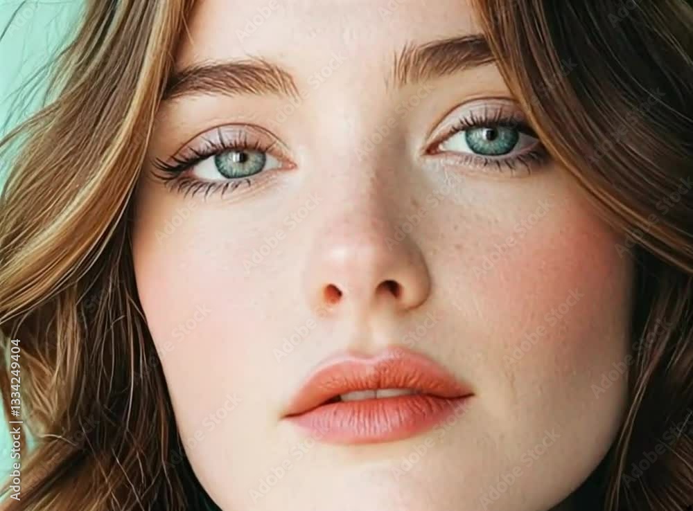 Portrait of a woman in a green turtleneck against a turquoise background showcasing natural beauty and serene expression Portrait of a woman in a green turtleneck against a turquoise background showcasing natural beauty and serene expression