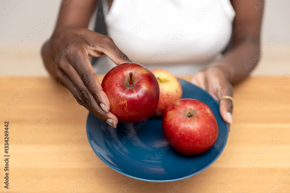 custom made wallpaper toronto digitalFresh Red Apples on a Blue Plate with Woman's Hands on Wooden Background