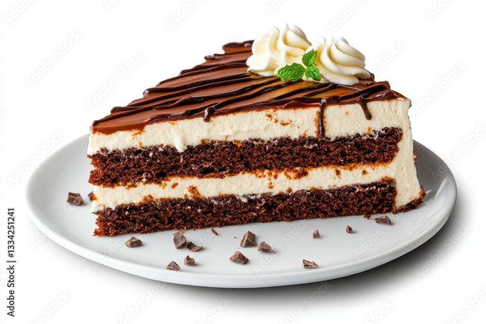 Delicious Chocolate Cake Slice with Cream Topping and Chocolate Drizzle on White Plate Delicious Chocolate Cake Slice with Cream Topping and Chocolate Drizzle on White Plate