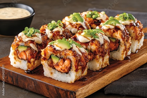 Delicious and Colorful Sushi Platter with Grilled Salmon and Fresh Vegetables on Wooden Board