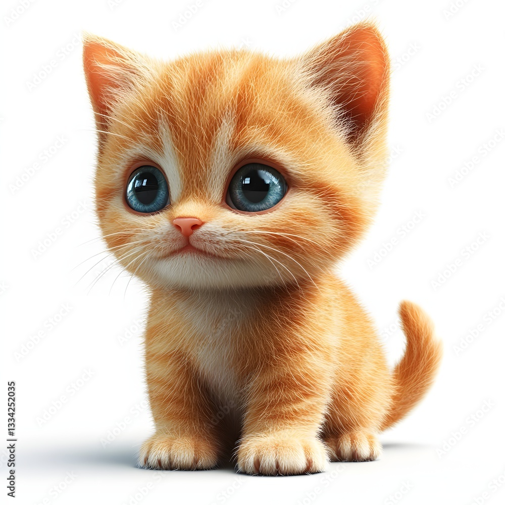 Obraz premium A picture of an incredibly cute ginger kitten with big, expressive blue eyes. The kitten is sitting down, looking directly ahead. Isolated on white background. Adorable Baby Cat