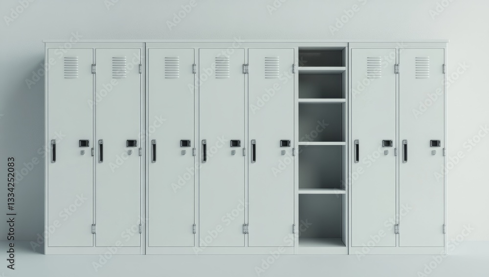 Row of light gray lockers. Empty lockers with metal doors, handles, and electronic locks Row of light gray lockers. Empty lockers with metal doors, handles, and electronic locks