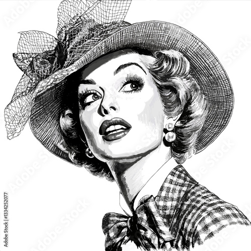 Retro woman portrait, exquisite vintage fashion, detailed illustration, black and white, copy space

