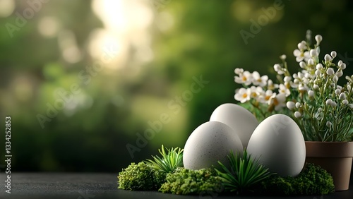 Three decorative eggs placed on moss with a pot of flowers in a soft-focus green background. Concept Decorative Eggs, Spring Flowers, Moss Decor, Soft Focus Photography, Nature-Inspired Aesthetic