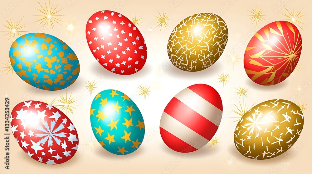 Colorful Easter Eggs with Varied Patterns and Designs on a Soft Background with Sparkles Colorful Easter Eggs with Varied Patterns and Designs on a Soft Background with Sparkles