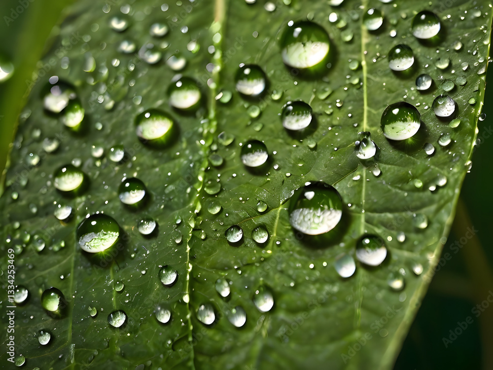 Emerald Dew: Macro shot of a vibrant green leaf glistening with numerous water droplets. Capturing the essence of nature's purity. Emerald Dew: Macro shot of a vibrant green leaf glistening with numerous water droplets. Capturing the essence of nature's purity.