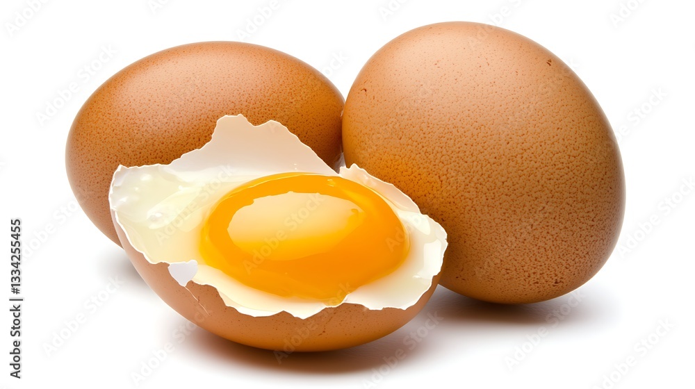 Fresh Brown Eggs with One Cracked Open Revealing Bright Yellow Yolk Isolated on White Background Fresh Brown Eggs with One Cracked Open Revealing Bright Yellow Yolk Isolated on White Background