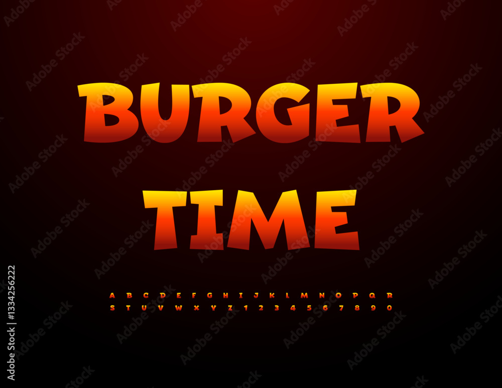 Vector Hot poster Burger Time. Unique Uppercase Font. Bright Fire Alphabet Letters and Numbers set. Vector Hot poster Burger Time. Unique Uppercase Font. Bright Fire Alphabet Letters and Numbers set.