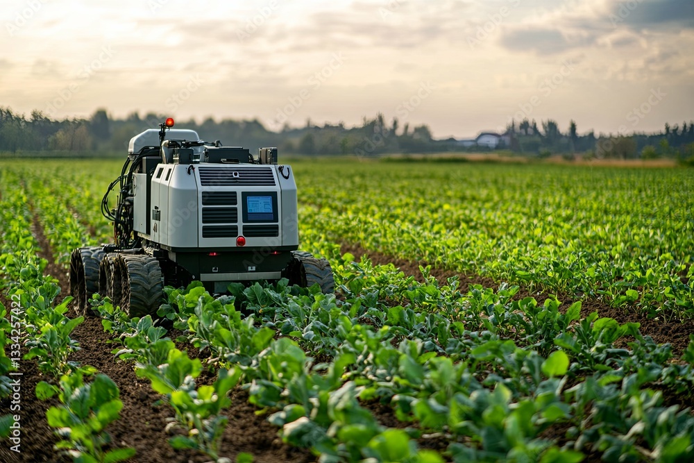 An automated robot is working in a cultivated agricultural field An automated robot is working in a cultivated agricultural field