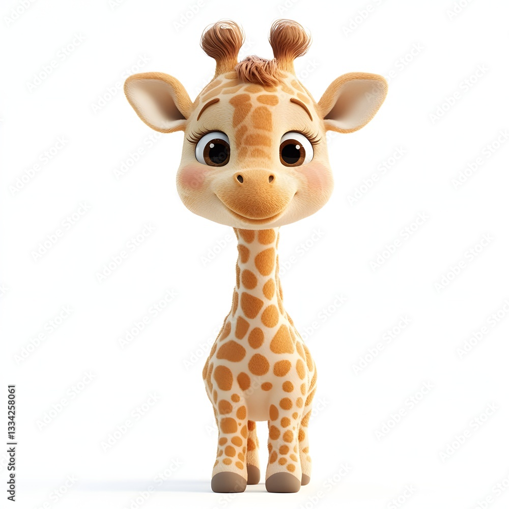 Fototapeta premium A charming 3D rendered image of a cute baby giraffe. It's standing and looking directly at the camera. Adorable Baby Giraffe
