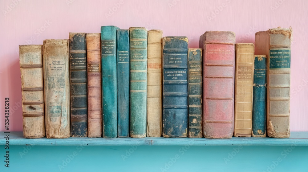 Naklejka premium Row of vintage books on a shelf against a pink wall.