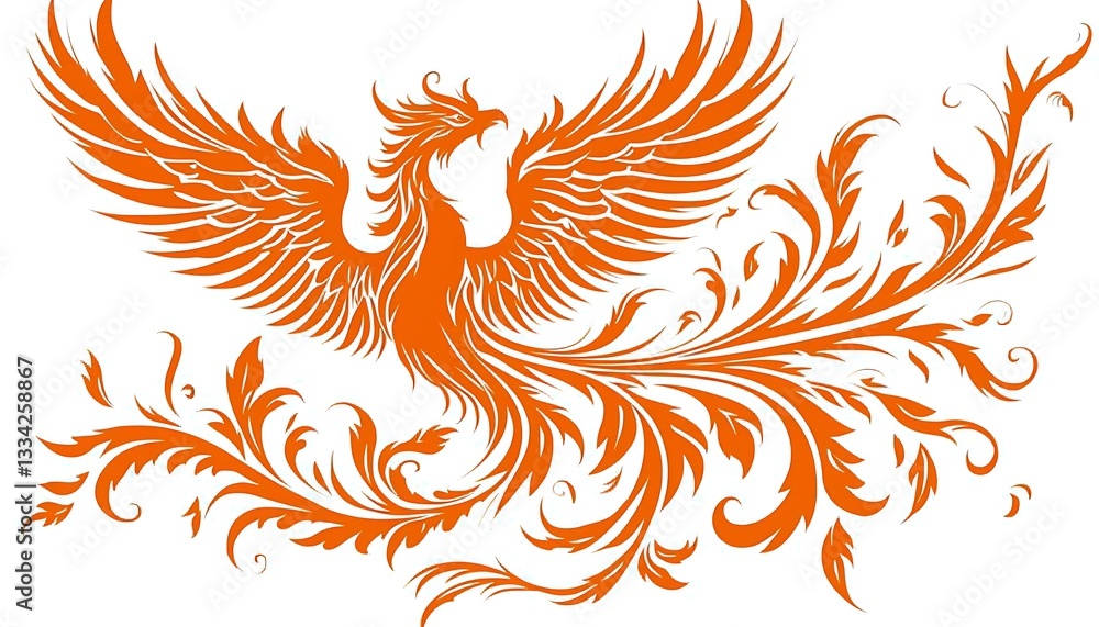 Obraz premium Orange colored phoenix bird with detailed spread out wings