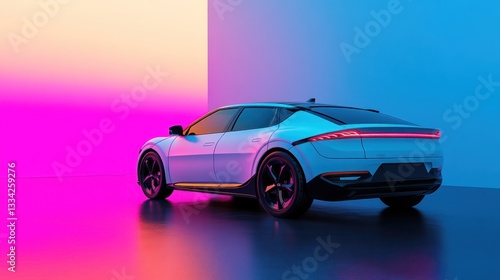 A glossy white EV parked in front of a gradient background, creating a sleek, modern look.