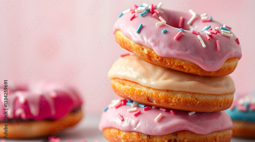 Delicious gourmet donuts with pink, chocolate, and blue glaze, rainbow sprinkles, stacked in a pastel café setting, AI-generated food photography, ultra HD, vibrant sweet treat, bakery aesthetics Delicious gourmet donuts with pink, chocolate, and blue glaze, rainbow sprinkles, stacked in a pastel café setting, AI-generated food photography, ultra HD, vibrant sweet treat, bakery aesthetics