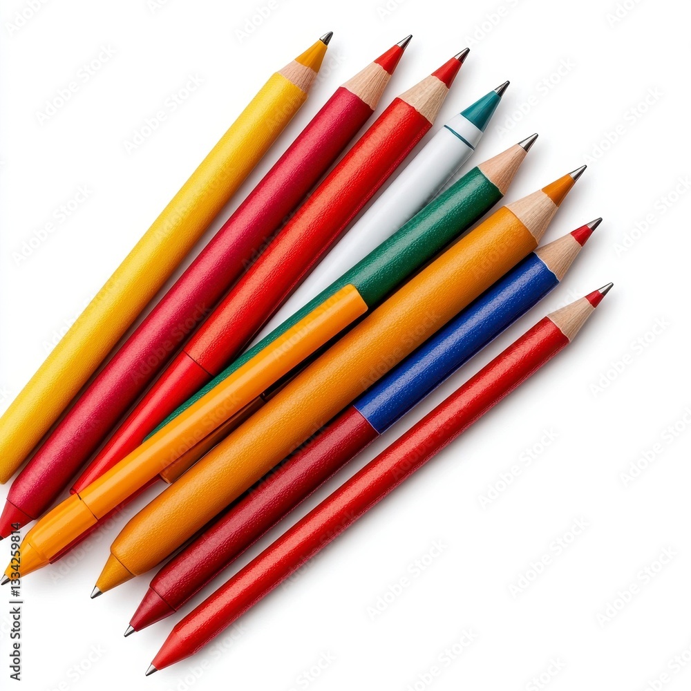 Colorful Pencils and Pens on White Background Colorful Pencils and Pens on White Background