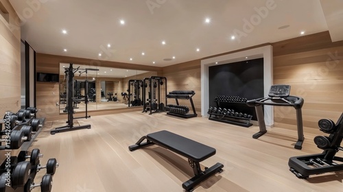 A gym with a simple, modern layout, light wood panels, black accents, and ample workout space.