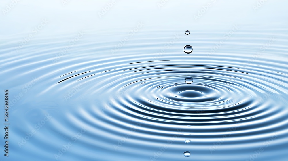 Water Droplet Creating Circular Ripples on Calm Surface in Tranquil Blue Setting Water Droplet Creating Circular Ripples on Calm Surface in Tranquil Blue Setting