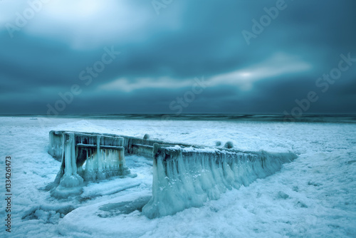 Close-up of a frozen shipwrecked ship in the Baltic Sea, Lithuania
