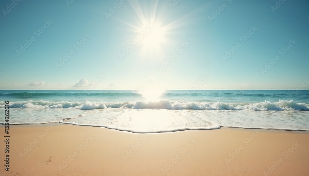 Panoramic sunny beach with calm ocean representing serenity against blue sky Panoramic sunny beach with calm ocean representing serenity against blue sky