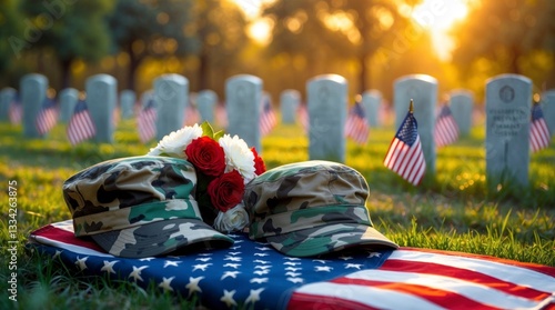 Memorial Day Hats and Flowers on American Flag
