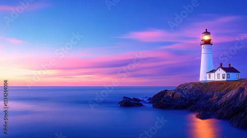 Wallpaper Mural A serene lighthouse stands against a vibrant sunset, casting a tranquil reflection on the calm ocean waters. Torontodigital.ca