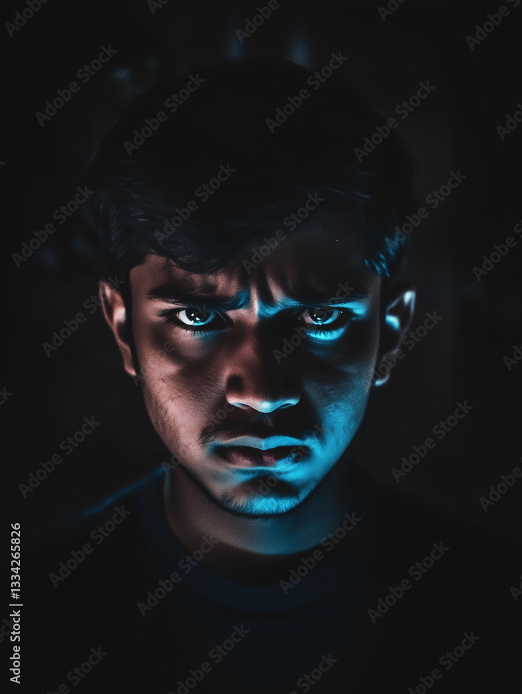 Dramatic portrait of a young man illuminated by a blue light source, conveying intense emotions such as anger, frustration, and seriousness Dramatic portrait of a young man illuminated by a blue light source, conveying intense emotions such as anger, frustration, and seriousness