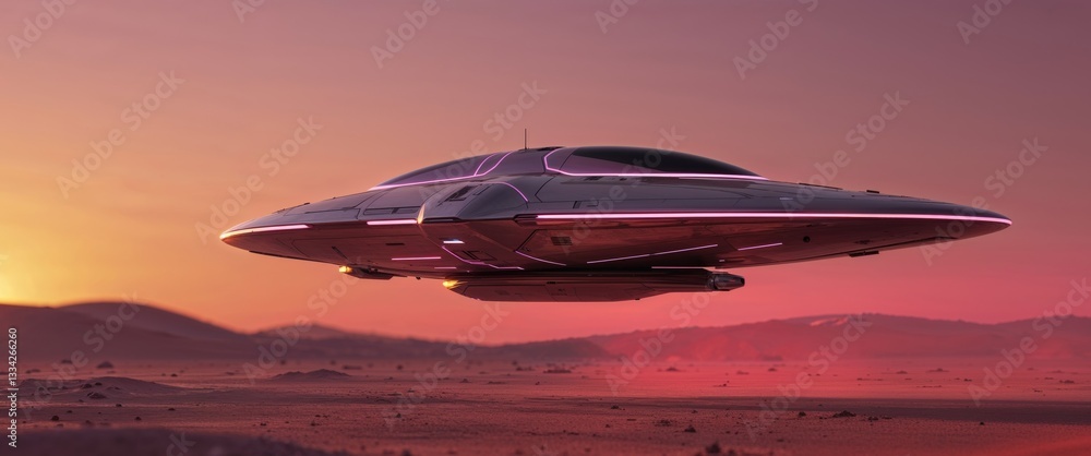 Futuristic spaceship on alien planet at sunset Futuristic spaceship on alien planet at sunset