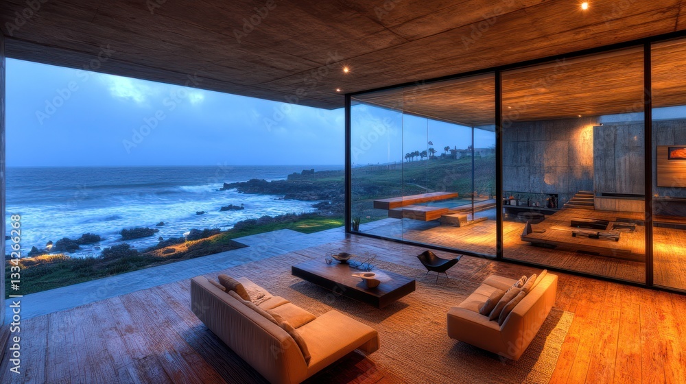 Fototapeta premium Modern oceanfront living room with expansive glass walls.