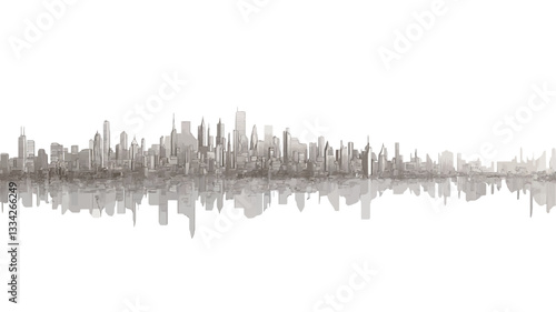 The image presents a horizontally oriented, abstract representation of a city skyline.  The skyline is depicted in shades of grey and brown, appearing as a stylized collection of closely spaced,