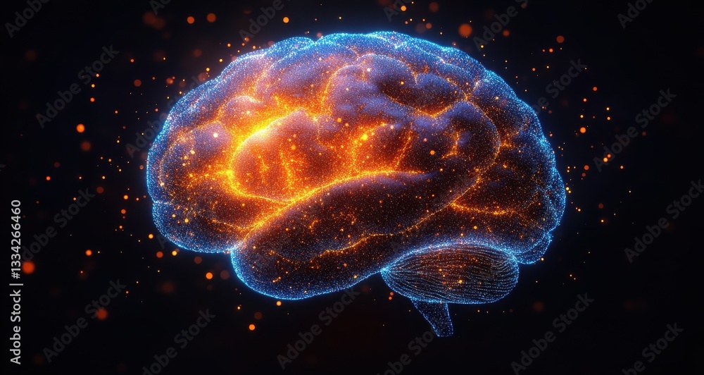 A brain with a blue and orange glow A brain with a blue and orange glow