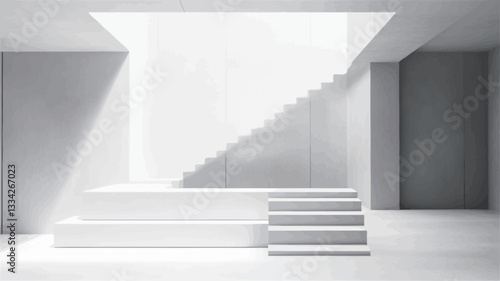 The image shows a minimalist interior space rendered entirely in shades of white.  The main focus is a staircase ascending diagonally from the lower left corner towards the upper right.  A light