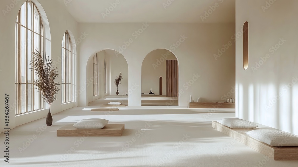 A luxury minimalist gym with an open layout, clean lines, and a serene workout atmosphere. A luxury minimalist gym with an open layout, clean lines, and a serene workout atmosphere.