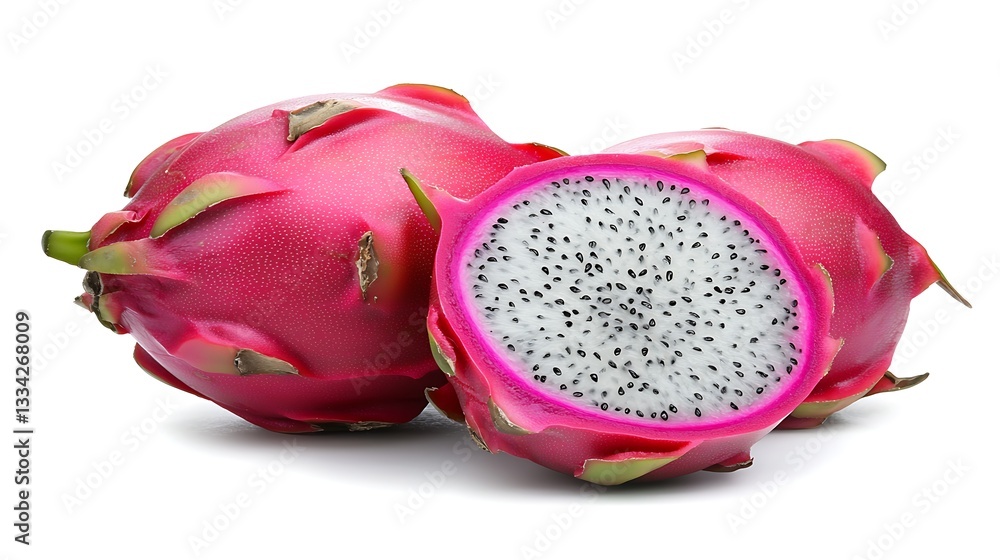 Bright Pink Dragon Fruit Sliced Open on White Background, Showing White Flesh and Black Seeds Inside Bright Pink Dragon Fruit Sliced Open on White Background, Showing White Flesh and Black Seeds Inside