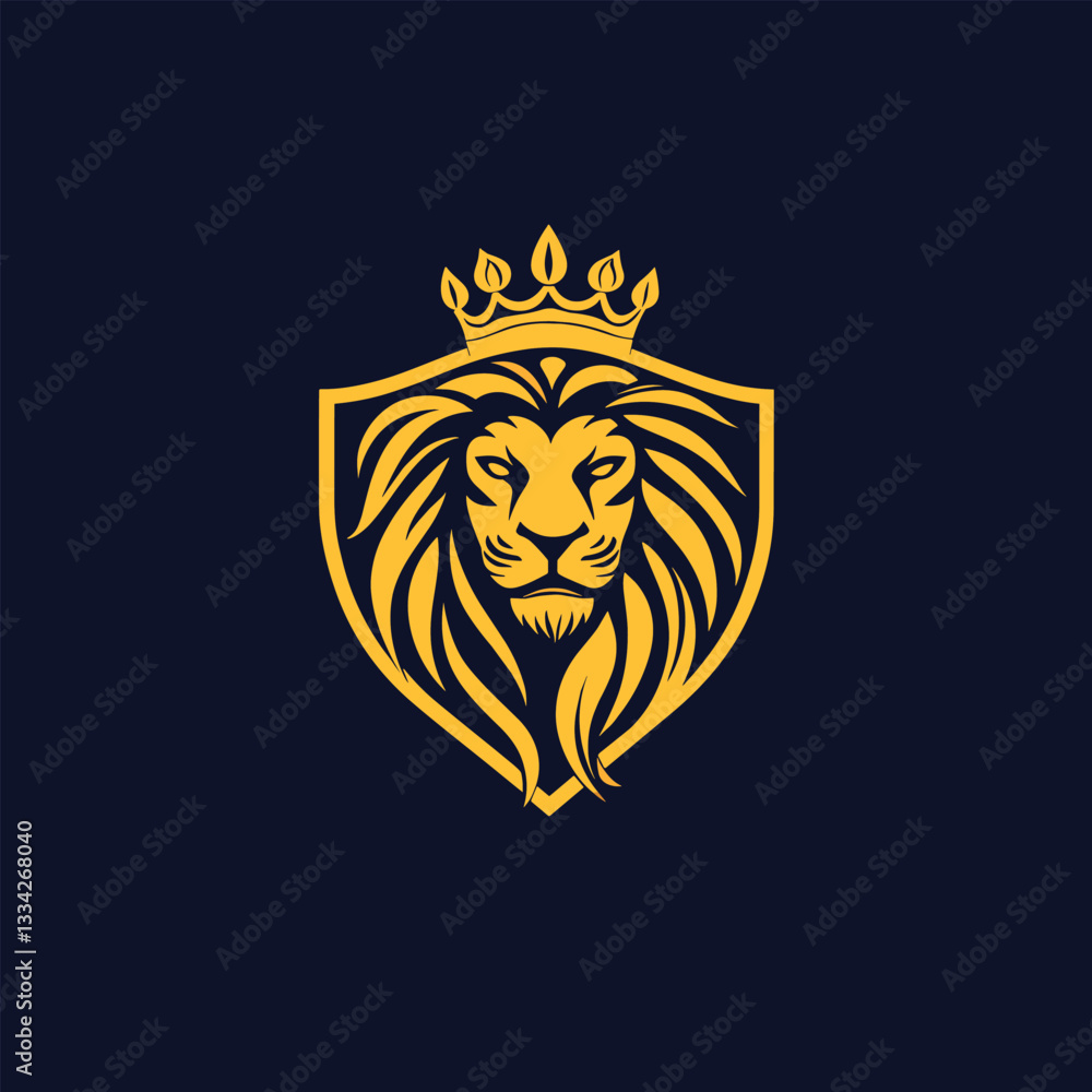 Fototapeta premium Vector logo of a lion's head with a crown on a shield, in gold color on a dark blue background