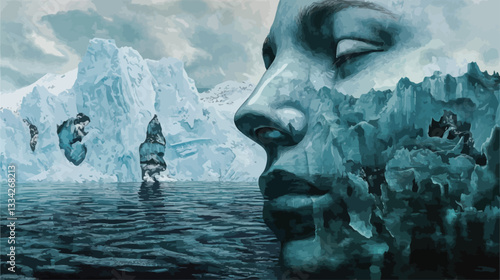 The image is a surreal digital painting or artwork. It depicts a profile of a man's face partially overlaid with and dissolving into a glacial landscape.  The background shows icebergs, a sailing